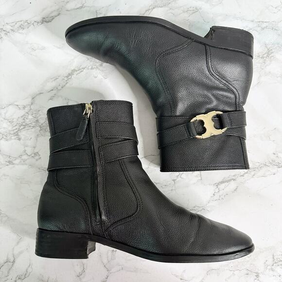 Tory Burch Gemini Goldtone Link Black Leather Flat Ankle Boots women’s size 8 - Picture 9 of 16